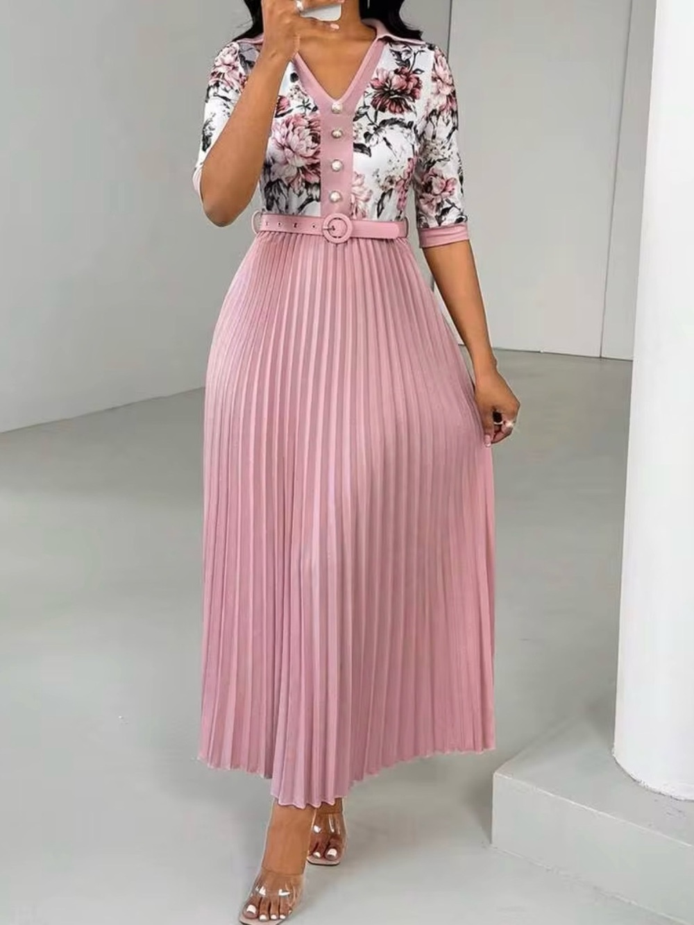 Floral Pink Pleated Midi Dress with Belt